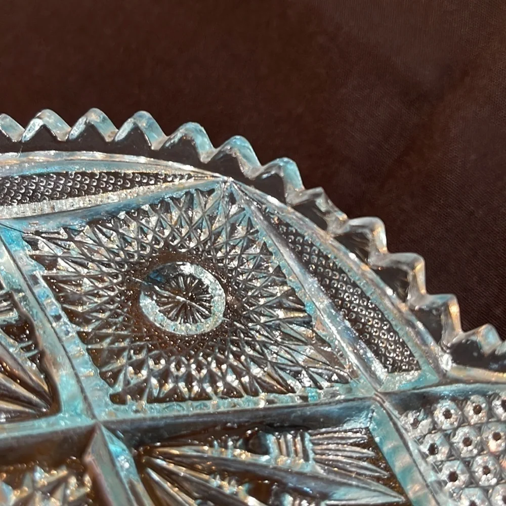 VINTAGE, VIKING, PRESSED GLASS, TURQUOISE, RELISH TRAY. SAWTOOTH EDGE.